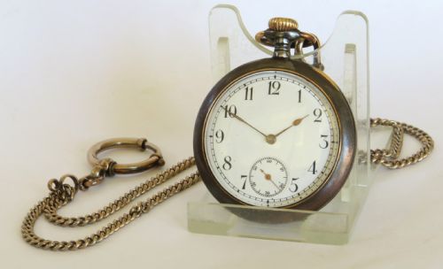 fig 1. Antique Omega gun metal pocket watch and chain