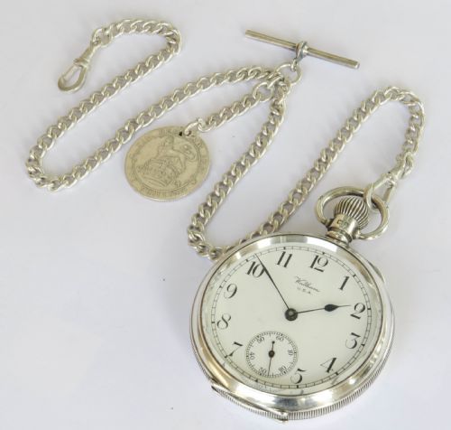 fig 1. Antique silver Waltham Traveler pocket watch with chain