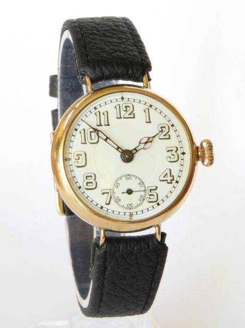 fig 1. Gents 9ct gold Béguelin wrist watch, Royal Marines, 1917