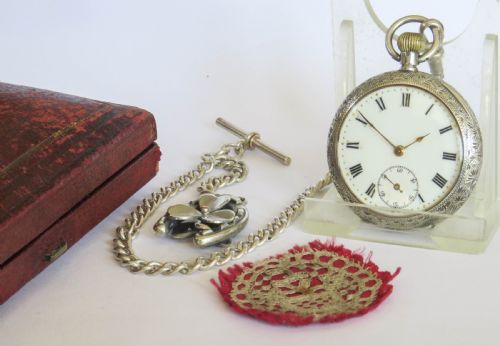 Antique Silver Fob Watch and Chain