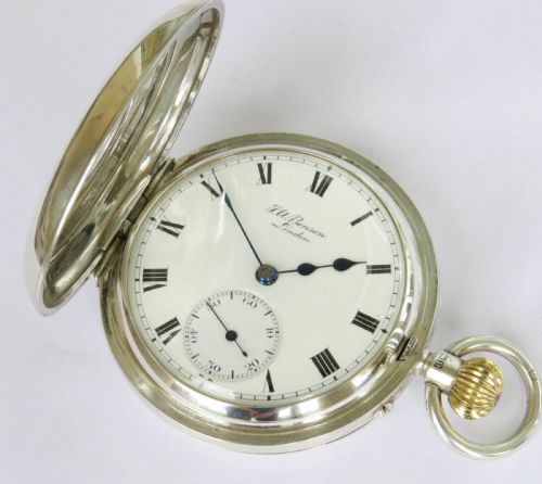 fig 1. Antique silver J W Benson half hunter pocket watch, super condition