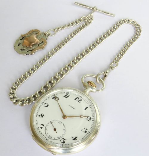 fig 1. 1920s silver Polhem pocket watch and chain