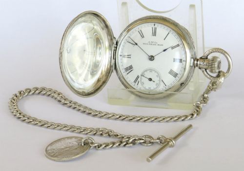 Antique Silver Waltham Royal Hunter Fob Watch & Chain