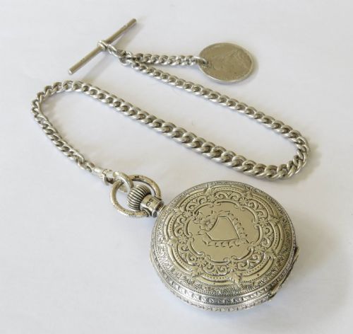 fig 1. Antique silver Waltham Royal hunter fob watch & chain