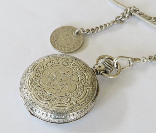 fig 2. Antique silver Waltham Royal hunter fob watch & chain