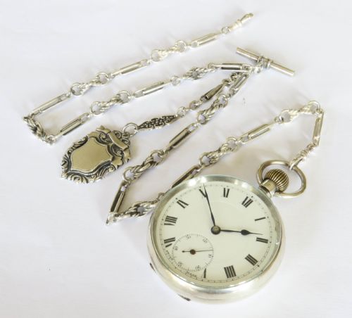 fig 1. Antique Swiss silver pocket watch and chain