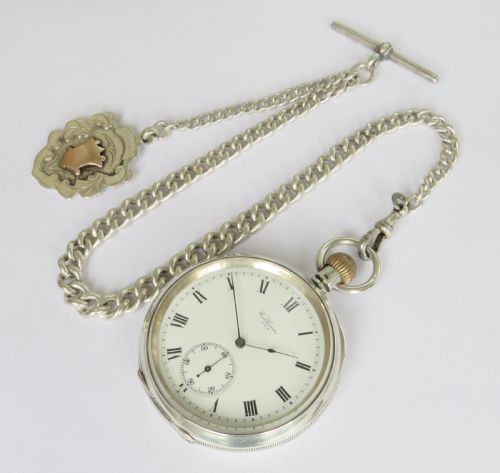 fig 1. Antique silver Waltham Envoy pocket watch and chain