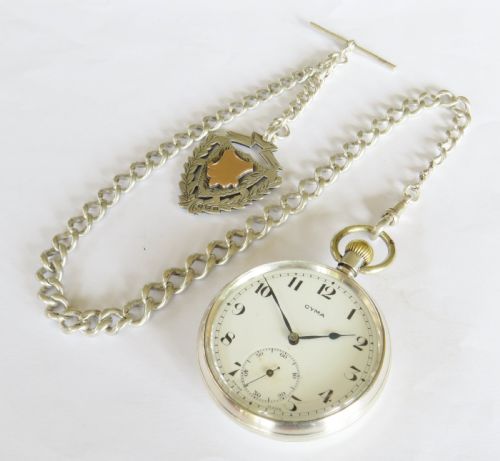 fig 1. 1930s silver Cyma pocket watch and chain