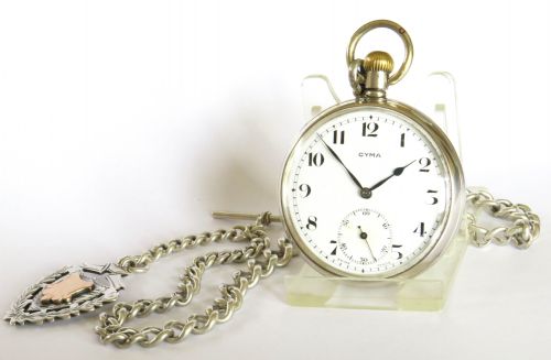 1930s Silver Cyma Pocket Watch and Chain