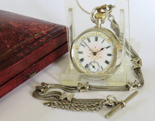 Antique Silver Omega Fob Watch and Chain