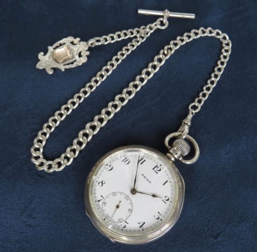 fig 1. Antique Silver Revue Prima Pocket Watch & Chain