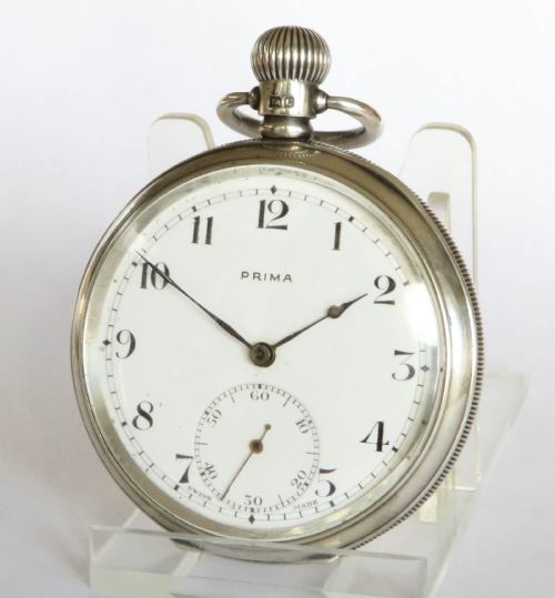 fig 2. Antique Silver Revue Prima Pocket Watch & Chain