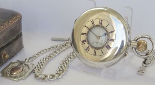 fig 1. Antique silver half hunter pocket watch and chain