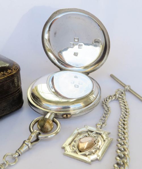 fig 3. Antique silver half hunter pocket watch and chain