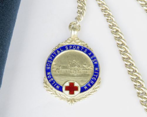 ANTIQUE SILVER WATCH CHAIN AND MITCHAM SPORTS FOB - ADDITIONAL PHOTO 1