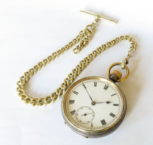 fig 1. Antique gun metal pocket watch and chain