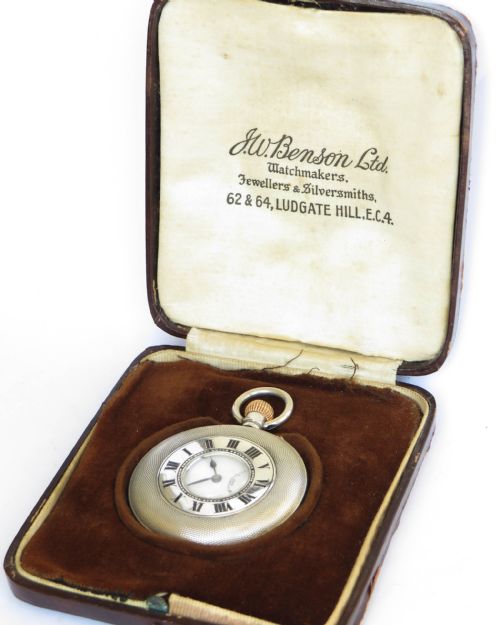 fig 1. Silver half hunter Longines pocket watch for J W Benson