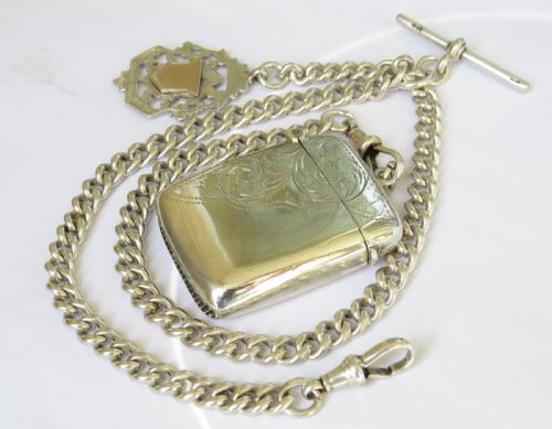 ANTIQUE SILVER WATCH CHAIN AND VESTA