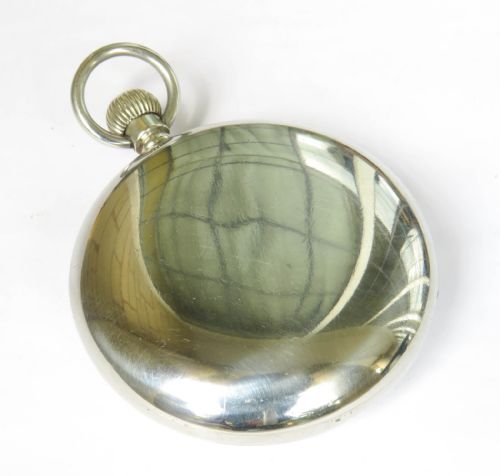 fig 3. An antique open-face silver-toned pocket watch featuring a white enamel dial with black Arabic numerals and a subsidiary seconds dial.