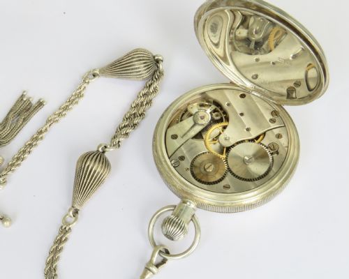 fig 1. 1920s silver Satisfaction pocket watch and chain