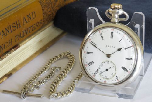 ANTIQUE SILVER ELGIN POCKET WATCH AND CHAIN