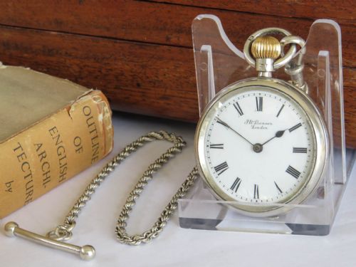 Antique Silver J W Benson Fob Watch and Chain