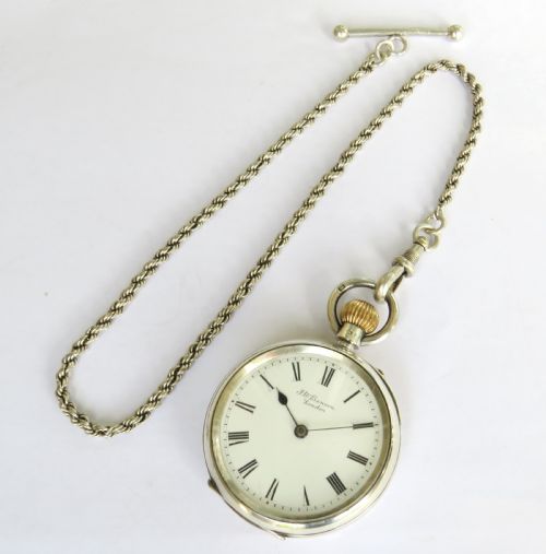 fig 1. Antique silver J W Benson fob watch and chain
