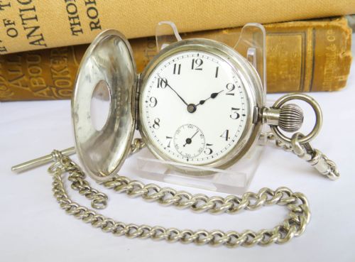 ANTIQUE SILVER HALF HUNTER POCKET WATCH AND CHAIN