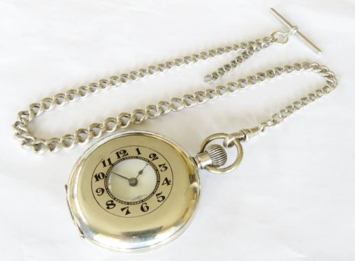 ANTIQUE SILVER HALF HUNTER POCKET WATCH AND CHAIN - ADDITIONAL PHOTO 1