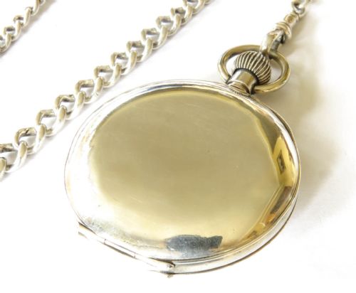 ANTIQUE SILVER HALF HUNTER POCKET WATCH AND CHAIN - ADDITIONAL PHOTO 4