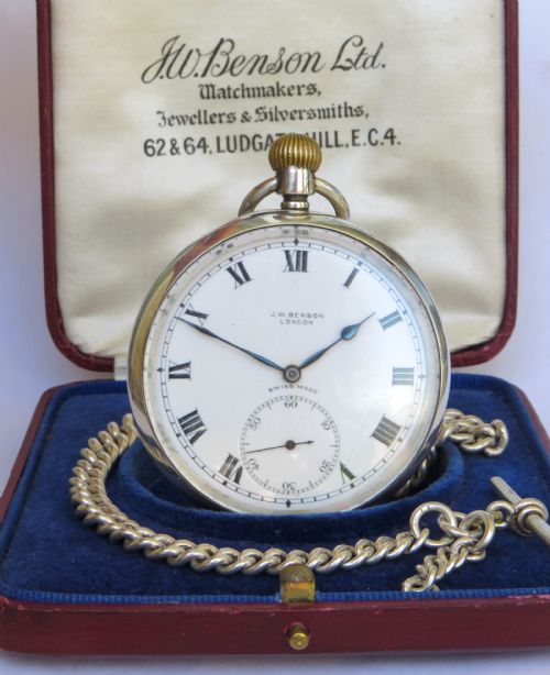 Antique Silver J W Benson Pocket Watch and Chain