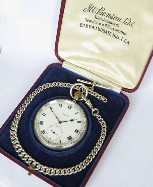 fig 1. Antique silver J W Benson pocket watch and chain