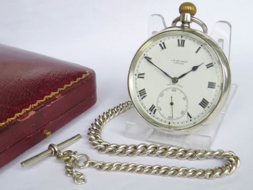 fig 2. Antique silver J W Benson pocket watch and chain