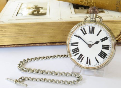 ANTIQUE OCTO 8DAY GOLIATH POCKET WATCH AND CHAIN