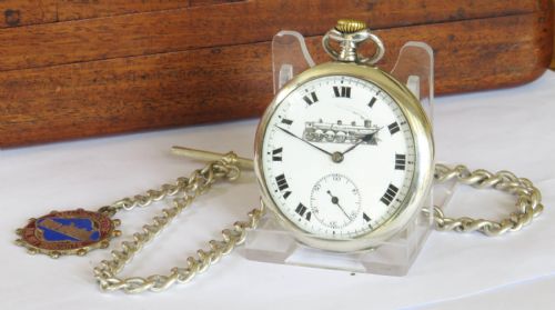 ANTIQUE SILVER CYMA POCKET WATCH CHAIN LOCOMOTIVE INTEREST
