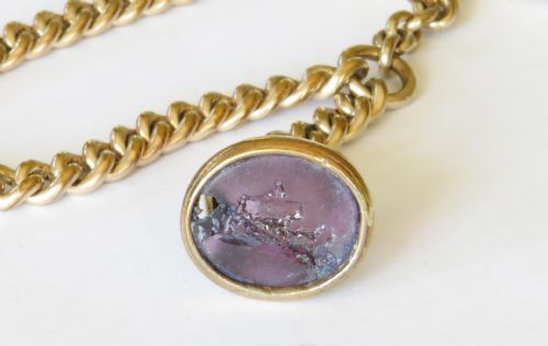 ANTIQUE ROLLED GOLD CHAIN AND HAY MAKING INTAGLIO FOB - ADDITIONAL PHOTO 2