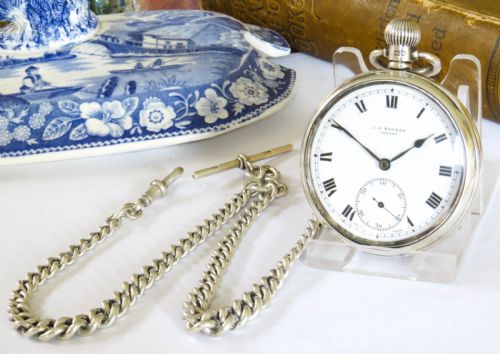 Silver Cyma Pocket Watch and Chain, J W Benson, 1934