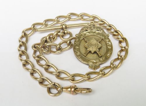Antique Rolled Gold Pocket Watch Albert Chain & Rifle Club Fob