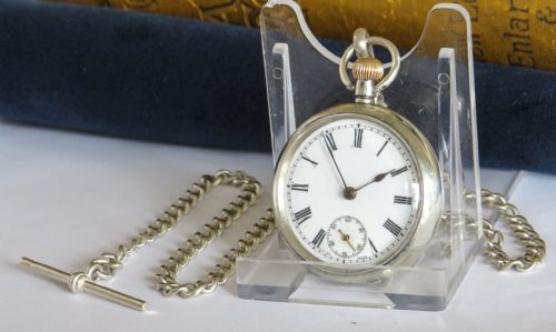 ANTIQUE SILVER OMEGA FOB WATCH AND CHAIN