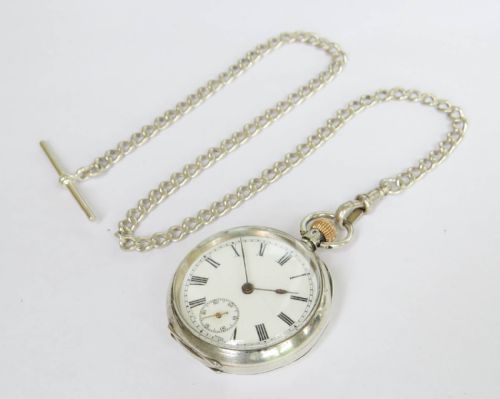 ANTIQUE SILVER OMEGA FOB WATCH AND CHAIN - ADDITIONAL PHOTO 1
