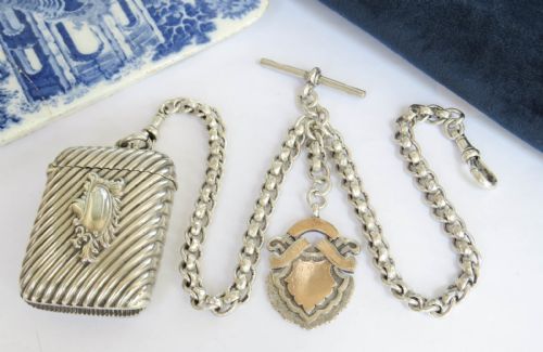ANTIQUE SILVER WATCH ALBERT AND VICTORIAN SILVER VESTA