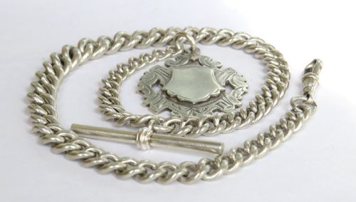 HEAVY ANTIQUE SILVER POCKET WATCH CHAIN AND FOB