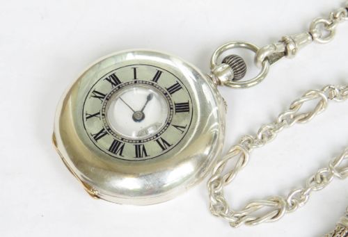SWISS SILVER HALF HUNTER FOB WATCH AND CHAIN - ADDITIONAL PHOTO 1