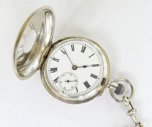 SWISS SILVER HALF HUNTER FOB WATCH AND CHAIN - ADDITIONAL PHOTO 2