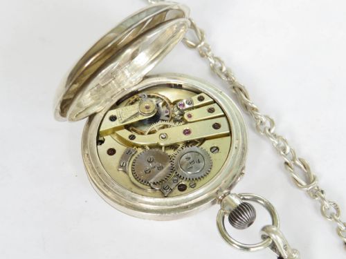 SWISS SILVER HALF HUNTER FOB WATCH AND CHAIN - ADDITIONAL PHOTO 4