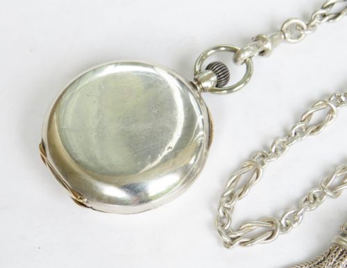 SWISS SILVER HALF HUNTER FOB WATCH AND CHAIN - ADDITIONAL PHOTO 5