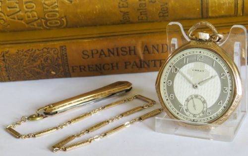 1930s Tavannes Crest Pocket Watch and Chain