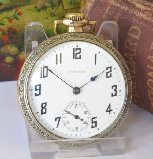fig 1. An open-face mechanical pocket watch with an engraved gold-tone casing, white enamel dial, black Arabic numerals, and a secondary seconds dial.
