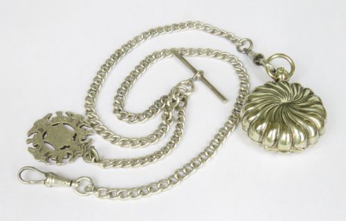 Antique Silver Double Pocket Watch Albert Chain & Sovereign Holder