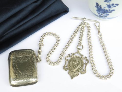 Victorian Silver Double Pocket Watch Chain & Vesta